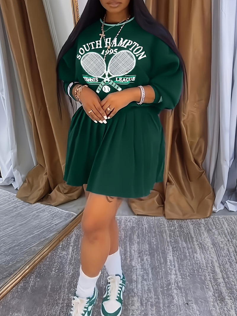 Women’s Printed Sweatshirt And Pleated Skirt Two-Piece Set.