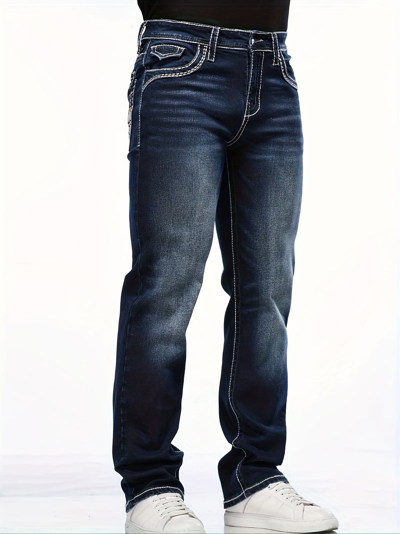 Men's Vintage-Inspired Slim Fit Embroidered Stretch Jeans.