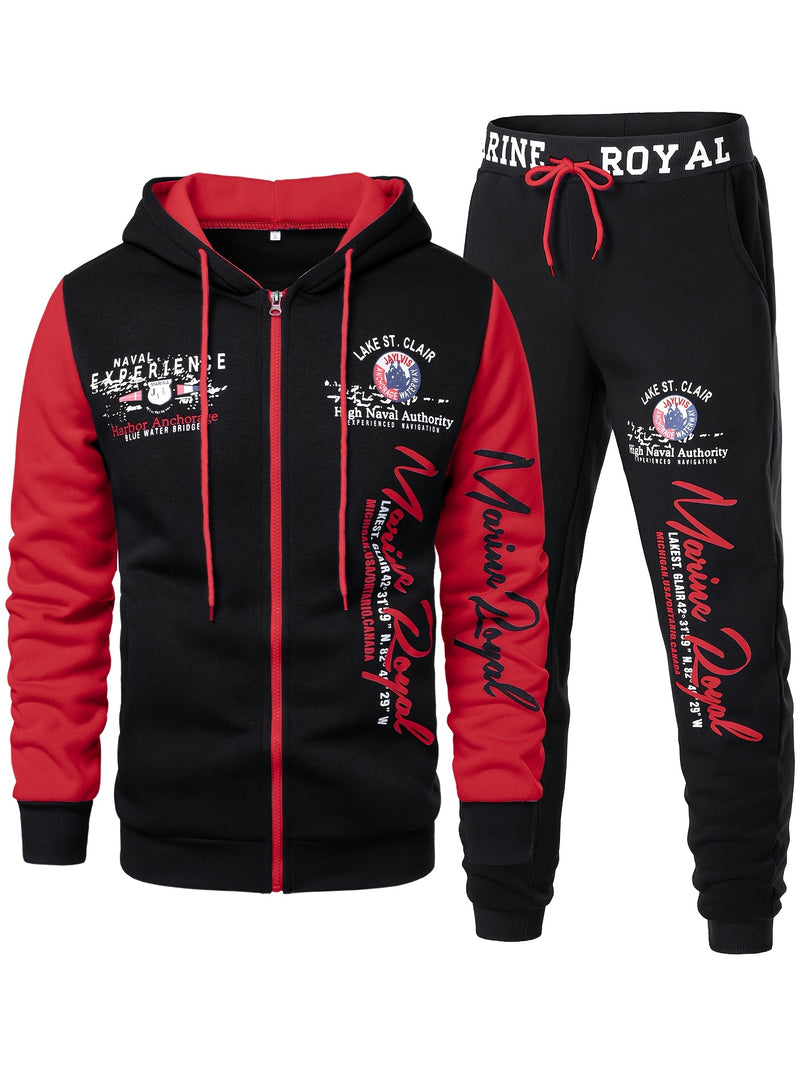 Men's Hiphop Outfit, Letter Print Long Sleeve Full-Zip Casual Jacket And Loose Jogger Pants.