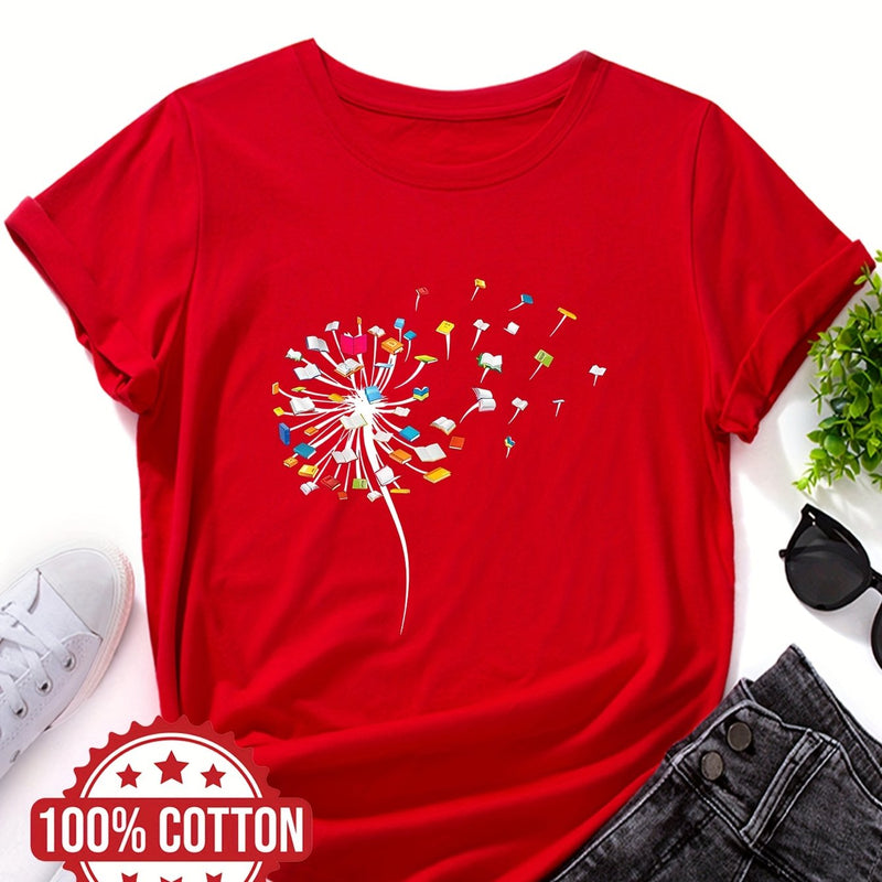 Women's "Dandelions and Books" Graphic T-Shirt.