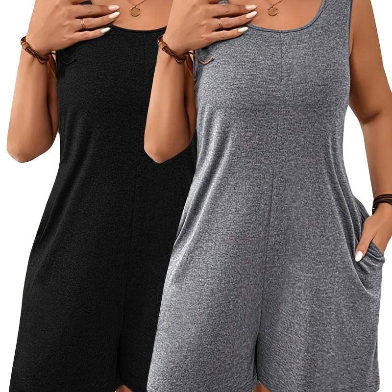 Women's Outfit Featuring a Solid Color Jumpsuit with a Loose Fit And Side Pockets.