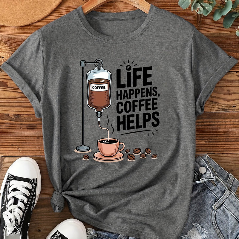 Women's Coffee-Themed T-Shirt with "Coffee Helps" Slogan.