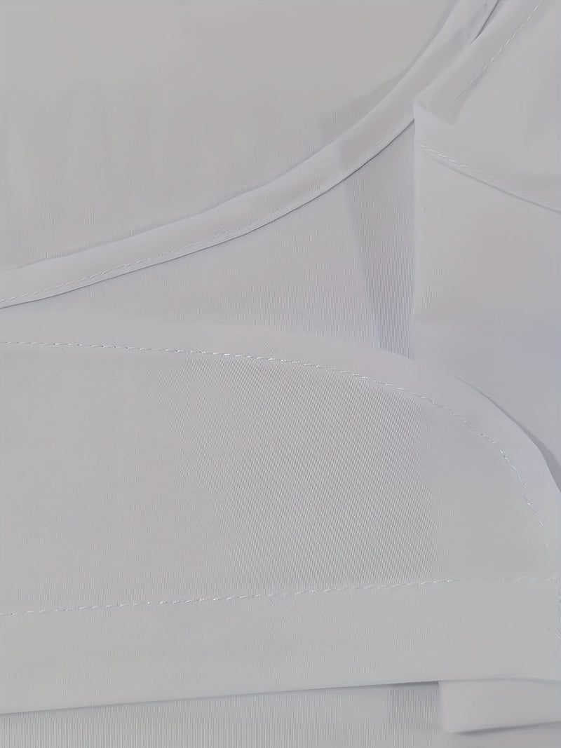 The Lady's Shirt Is White with Black Letters.
