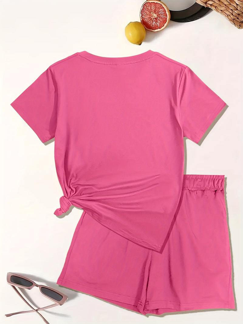 Women’s Graphic Print Two Piece Set, Short Sleeve T-shirt & Shorts.