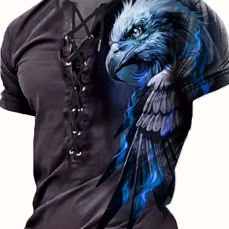 Men's Casual Henley Shirt - Red, Blue, Green, Yellow, Cyan Eagle Print Tie-Back.