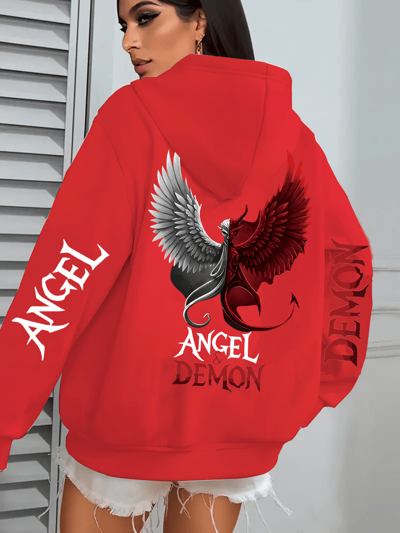 Hooded Sweatshirt with Angel and Demon Print.