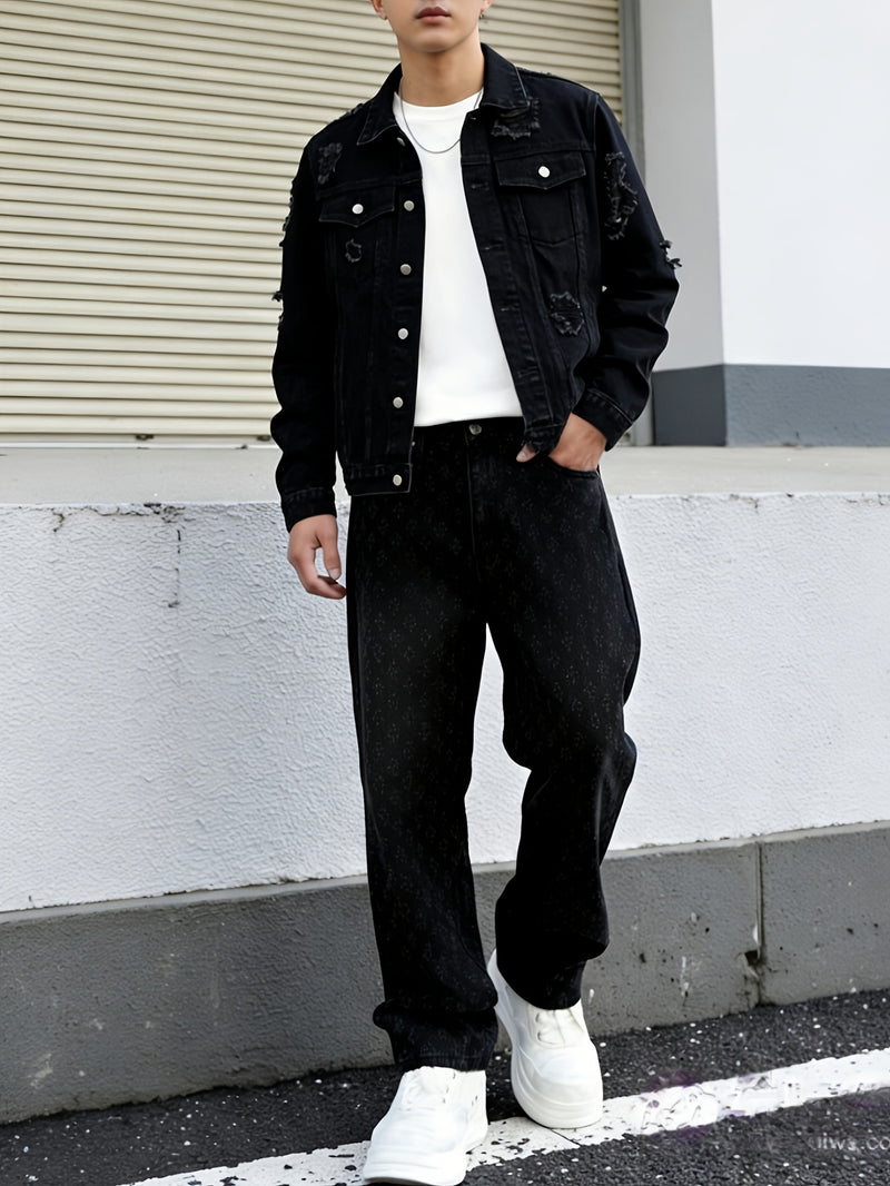 Men's Black Vintage-Washed Denim Two-Piece Set.