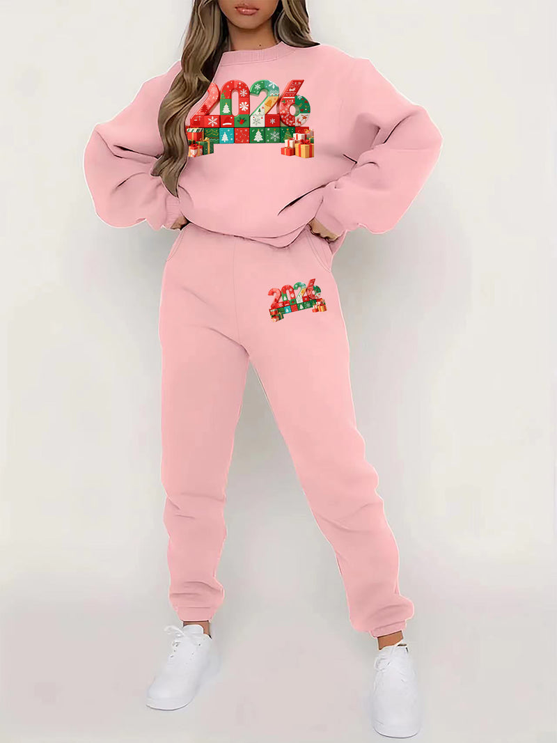 Women's Pullover Round Neck Sweatshirt And Tapered Pants Two-Piece Set.