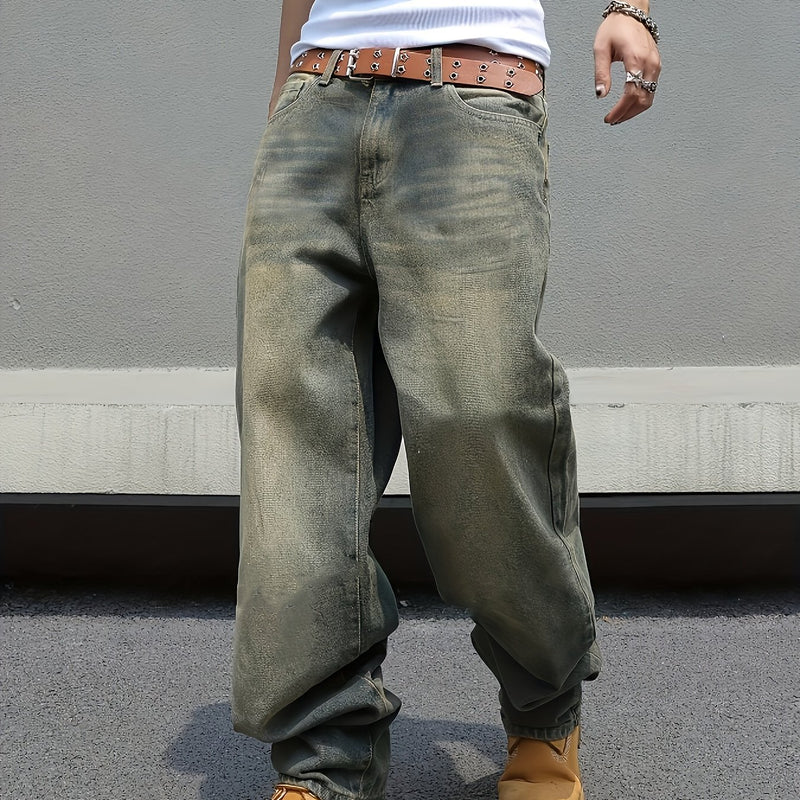 Men's Black Wide-Leg Loose-Fitting Jeans That Drag on The Ground.