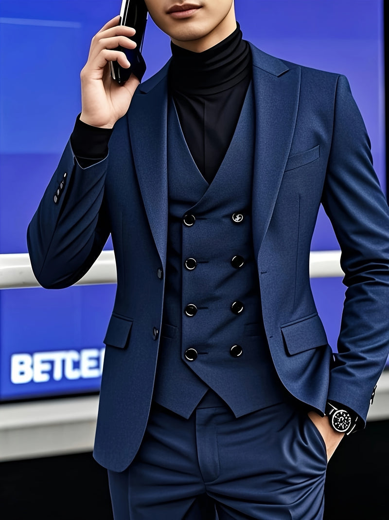 A Premium Three-Piece Suit for Men, Including a Large-Sized Suit Set, Trousers.