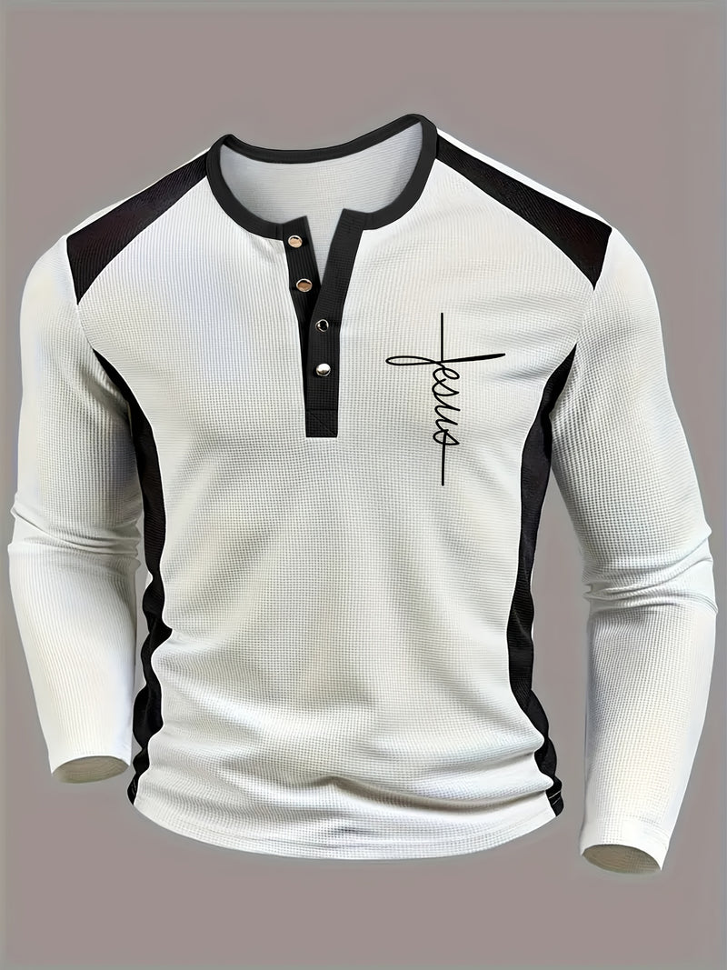 Men's Fashion Waffle Knit Color Block Button-Up Long Sleeve.