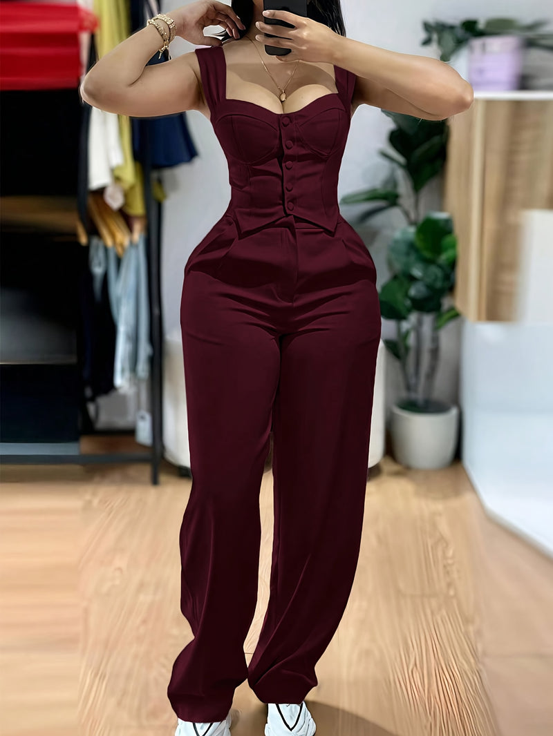 Women’s Elegant Two-Piece Set with Thick Straps And Buttoned Front.