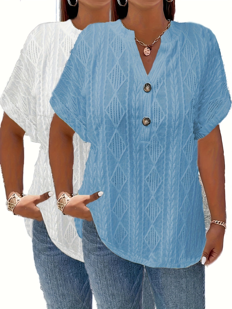 Women's Short-Sleeve V-Neck Solid Color Jacquard Hollow-Out Two-Piece T-Shirt.