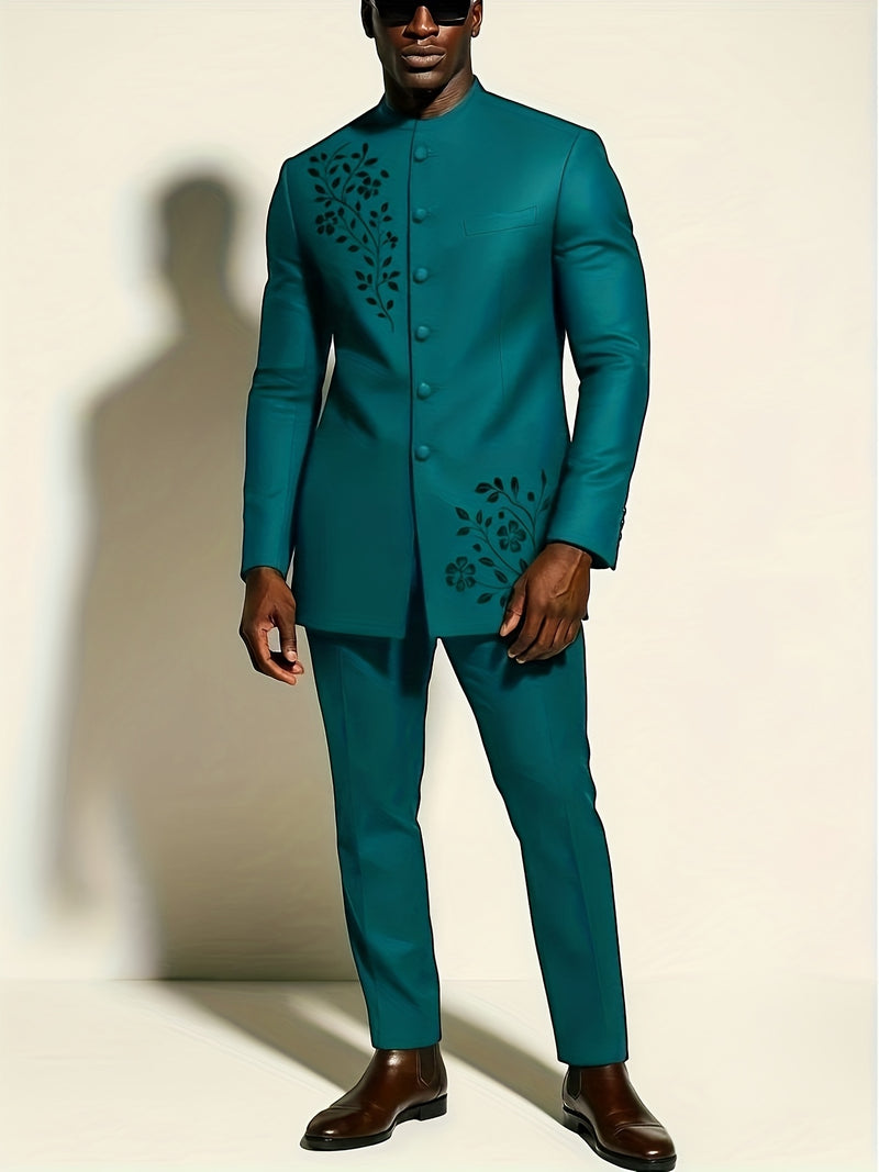 2pcs Men's Casual , Embroidery, Buttons, Pockets, Long-Sleeved Top.