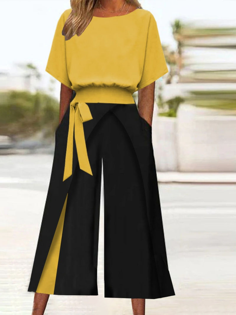 Two-Piece Outfit Featuring a Color-Block Design for Ladies.