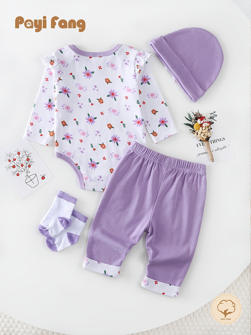 Baby Long-Sleeved Triangle Romper Pants Hat Socks Set.