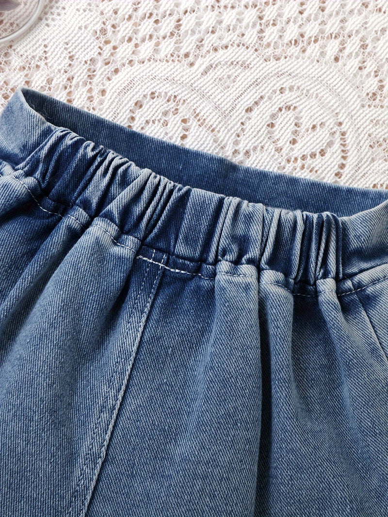 Girls' Denim Print Shorts, Versatile And Stylish.