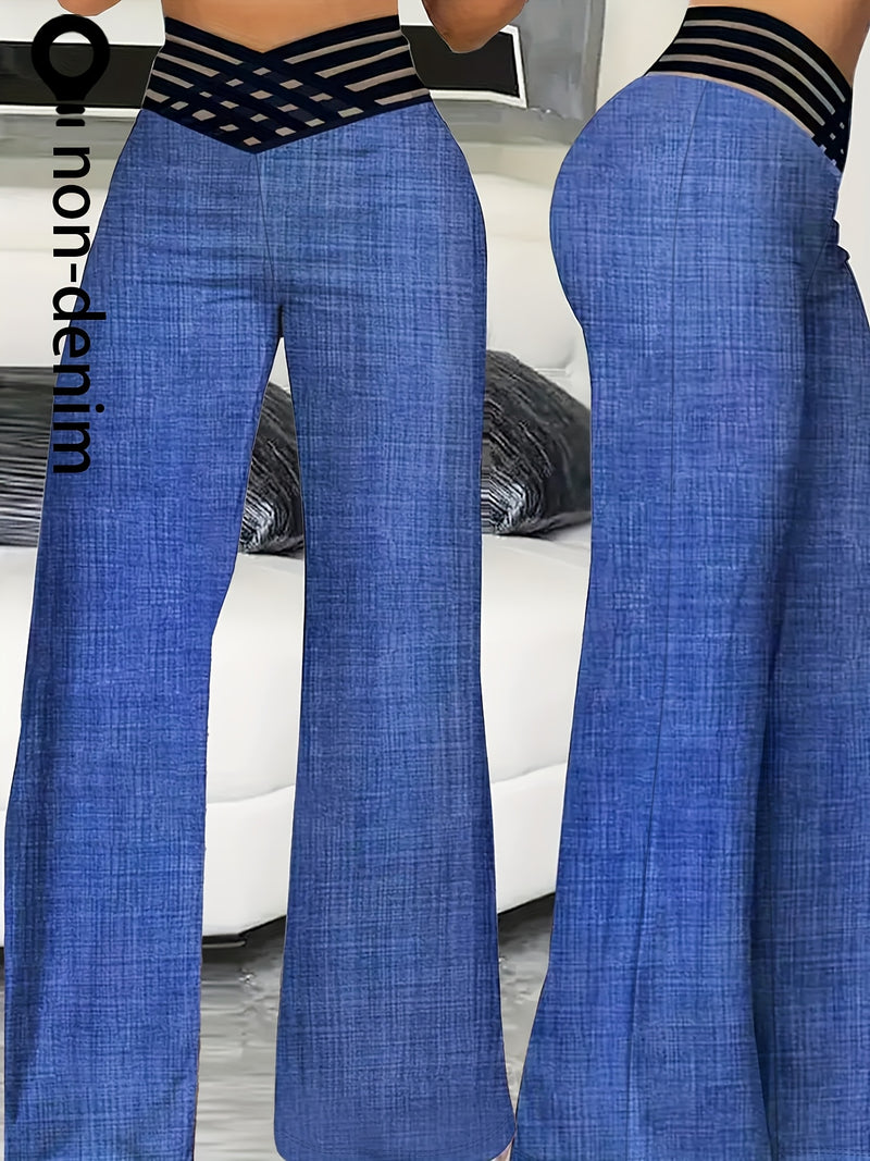 Women's Wide-Leg Long Pants with a Faux Denim Print.
