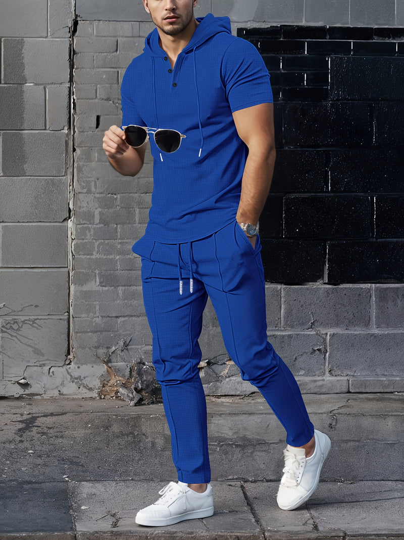Men's set short sleeved hooded top with drawstring elastic waistband.