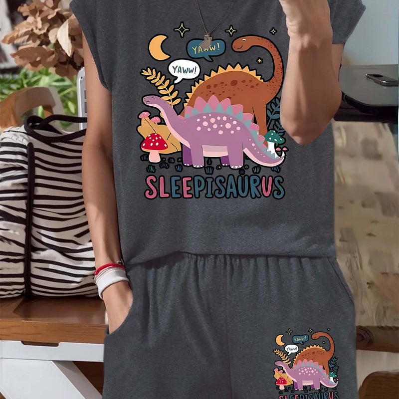 Women's Casual Sleeping Dinosaur Graphic Tee and Shorts.