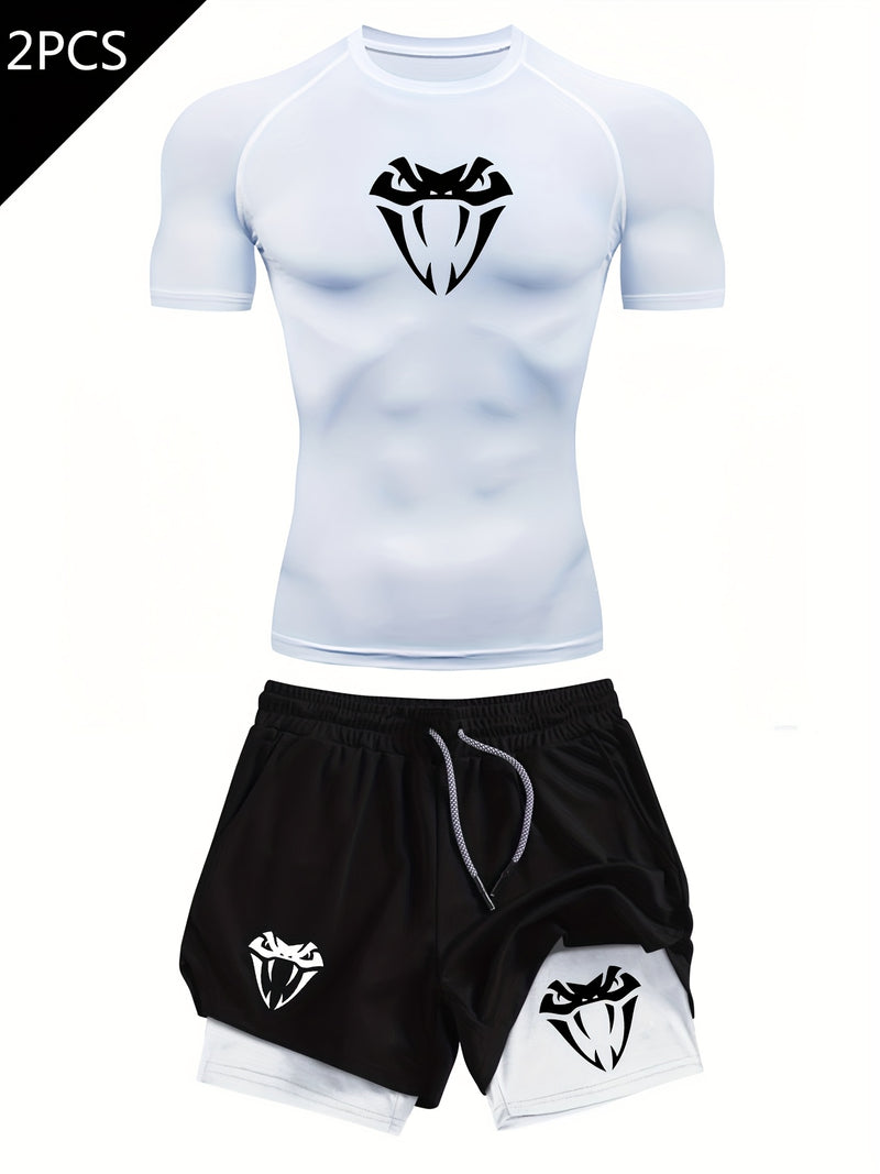 Men's Snake Head Print Two-Piece Set: Short Sleeve Top+Shorts.