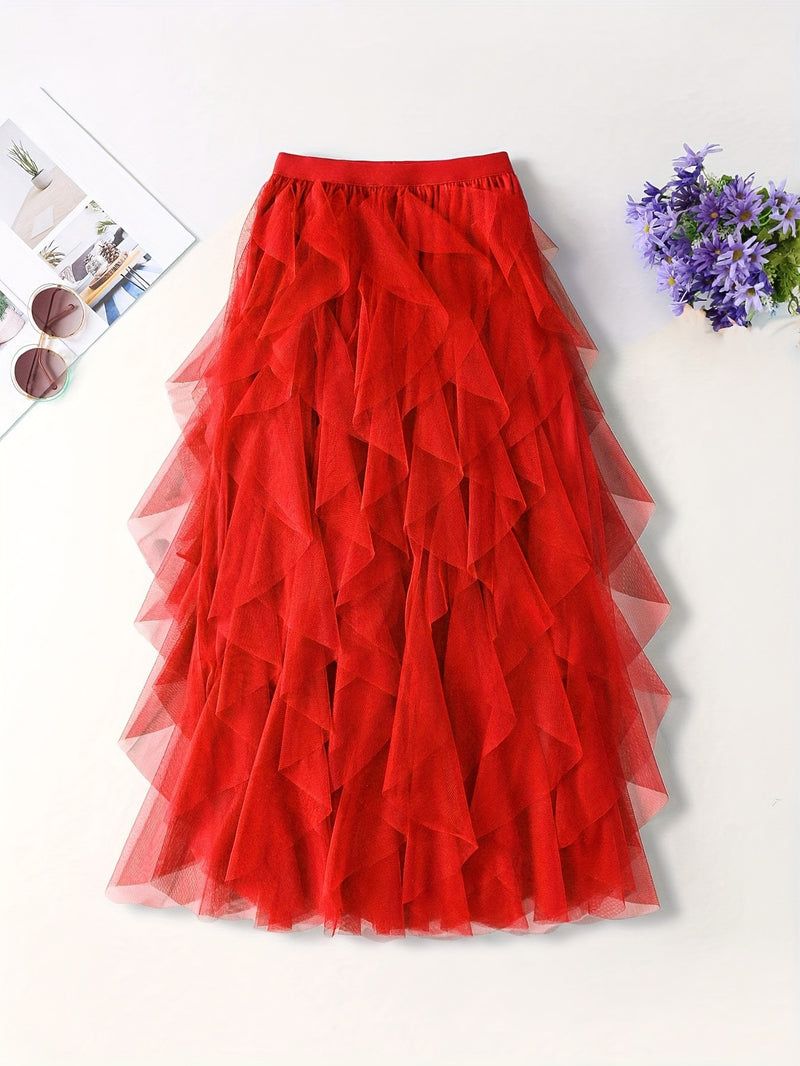 Chic Elegance, Elegant High-Waist A-Line Tulle Skirt for Women.