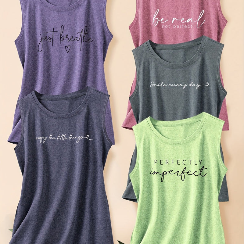 5pcs Women's Vest Tops with English Letter Print.