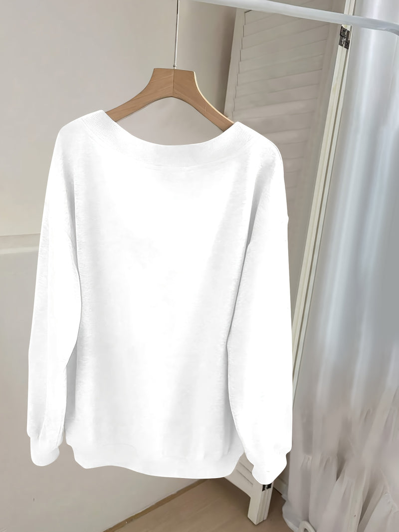 Women's Pink V-Neck Long Sleeve Sweater with German Letter Print.