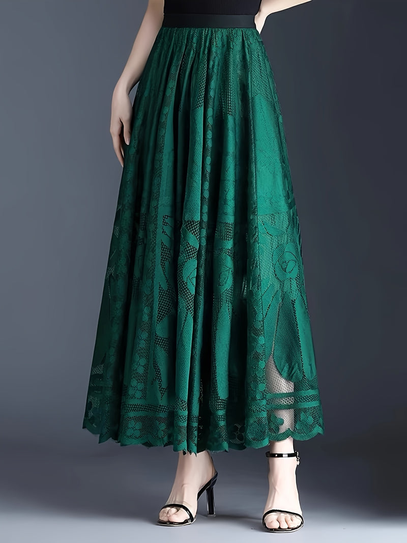 Elegant Women's A-Line Lace Skirt - Long Pleated Design.