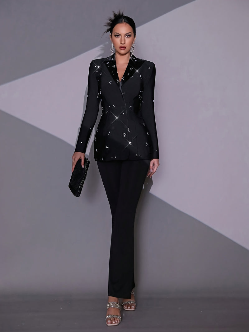 Black Sexy Heavy-Duty Shiny Diamond Long-Sleeve Blazer and Pants for Women.