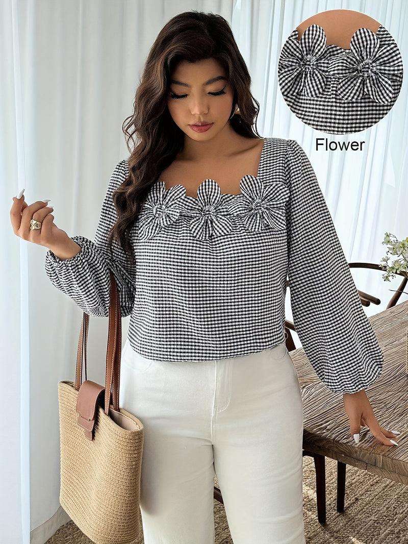 Plus Size Checkered Floral 3D Decorative Long Sleeve Women's Autumn Shirt.