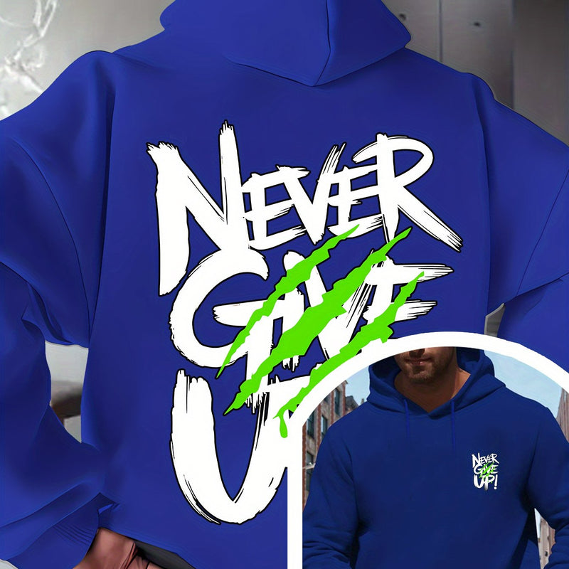 Men's Red Hoodie with "Never Give Up" Print.