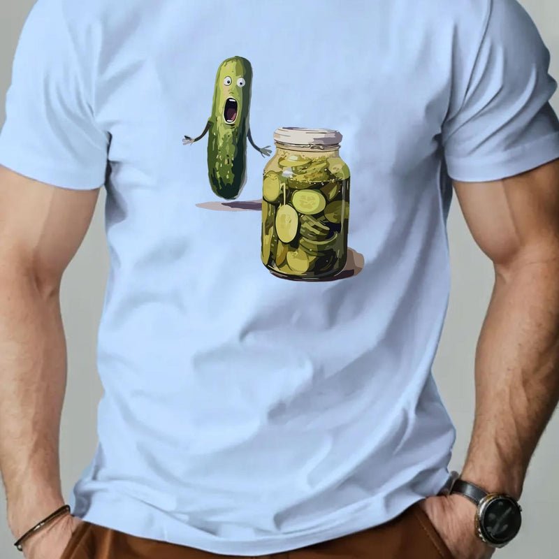 Men's Playful Pickle & Cucumber Jar Graphic T-Shirt.