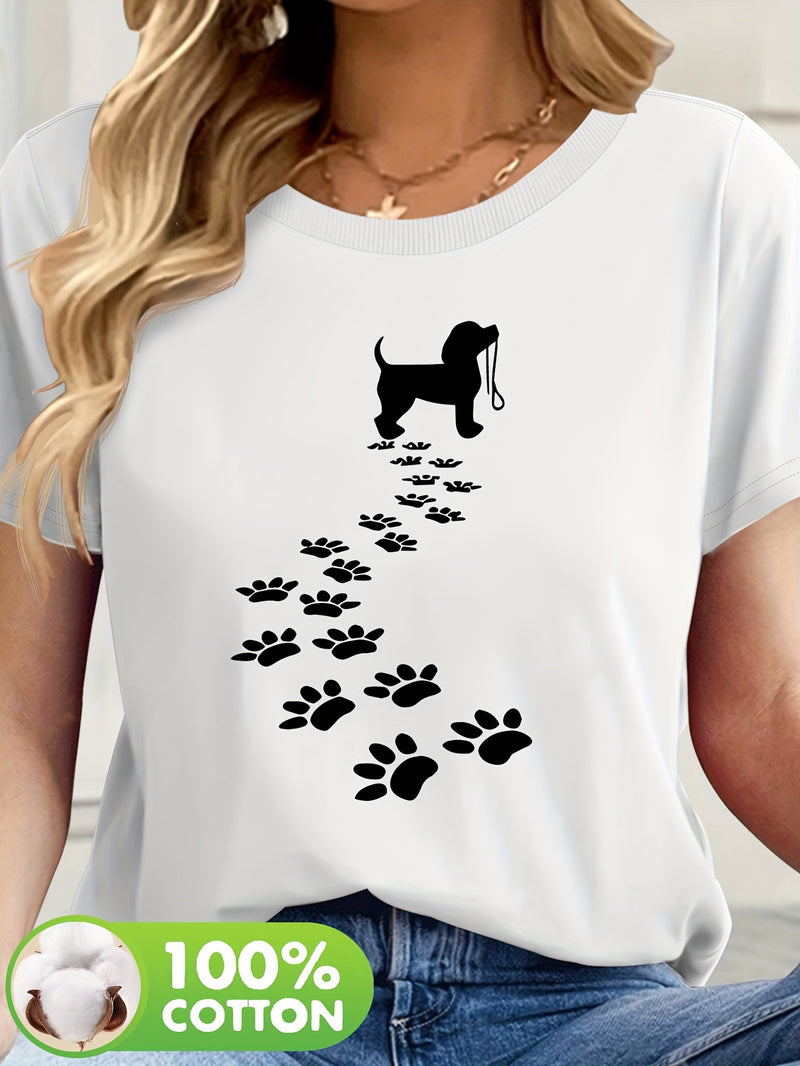 Women's Casual Short Sleeve T-Shirt with Dog Silhouette & Paw Print Graphic.