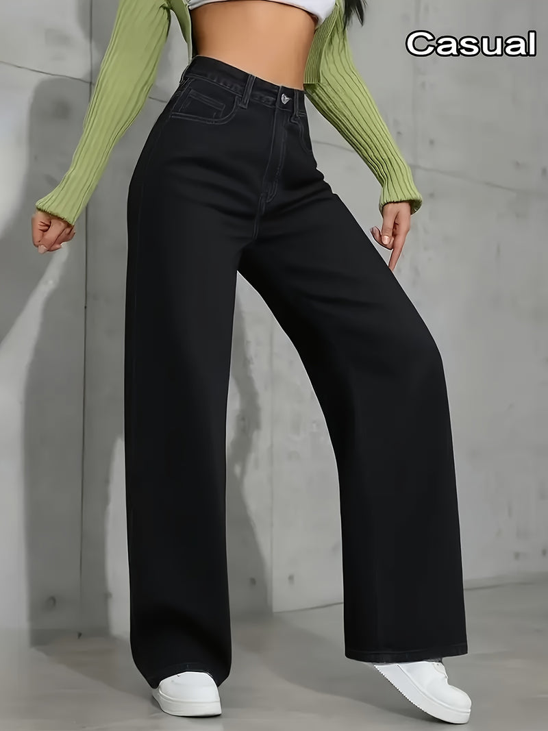 Ladies' Black Wide-leg Pants, Elastic Belt and Slanted Pockets.