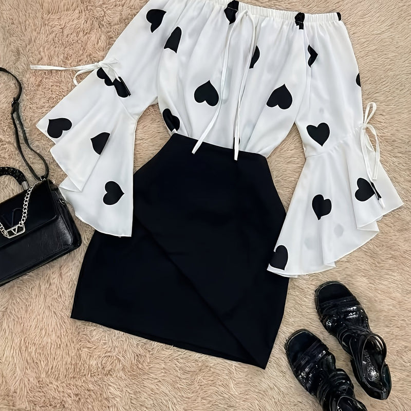 Women’s Featuring a Heart Print Off-Shoulder Top with Flared Sleeves And a Fitted Short.