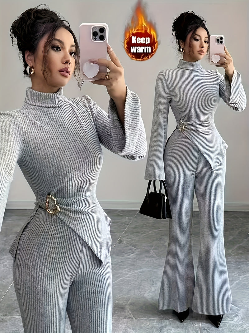 Women's Autumn And Winter Fleece Turtleneck Asymmetrical Hem Long Sleeve Pants.