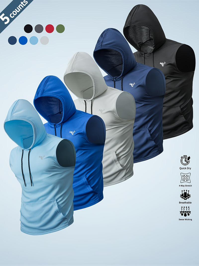 Five-Pack Summer Solid Color Men's Hooded Sweatshirts with Pockets.