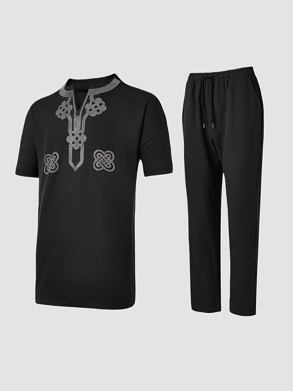 Summer New Men'S Two-Piece Suit Solid Color V-Neck Rhinestone.