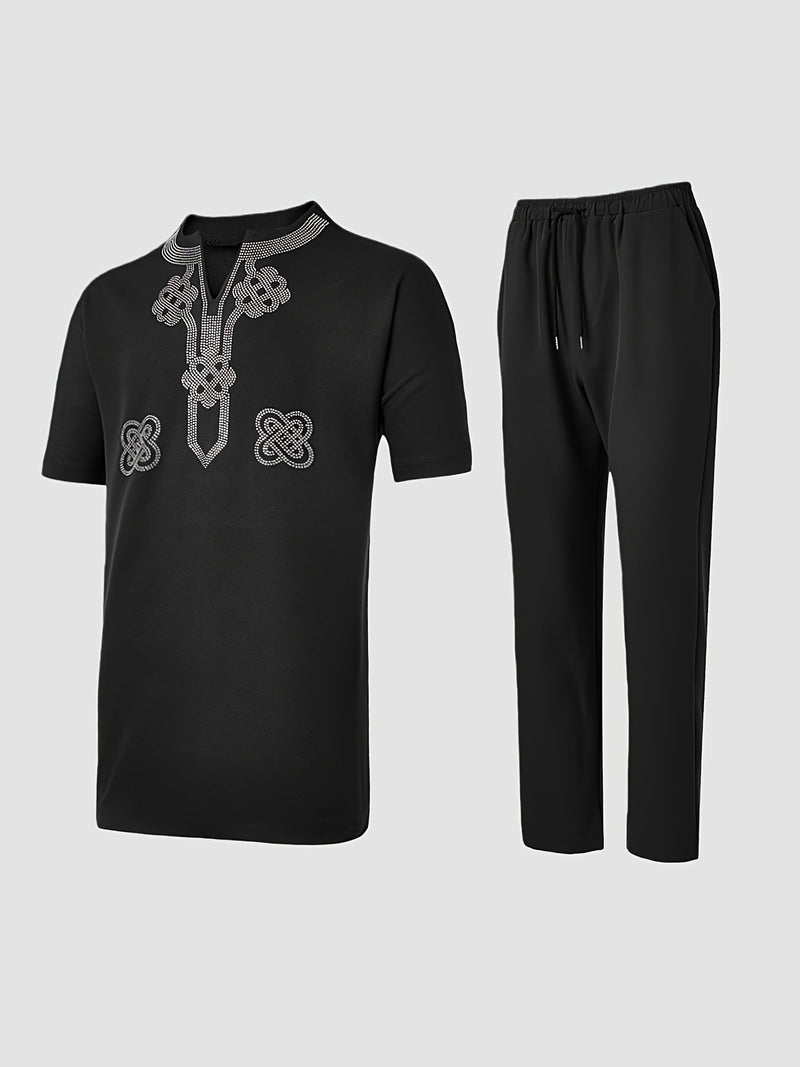 Summer New Men'S Two-Piece Suit Solid Color V-Neck Rhinestone.