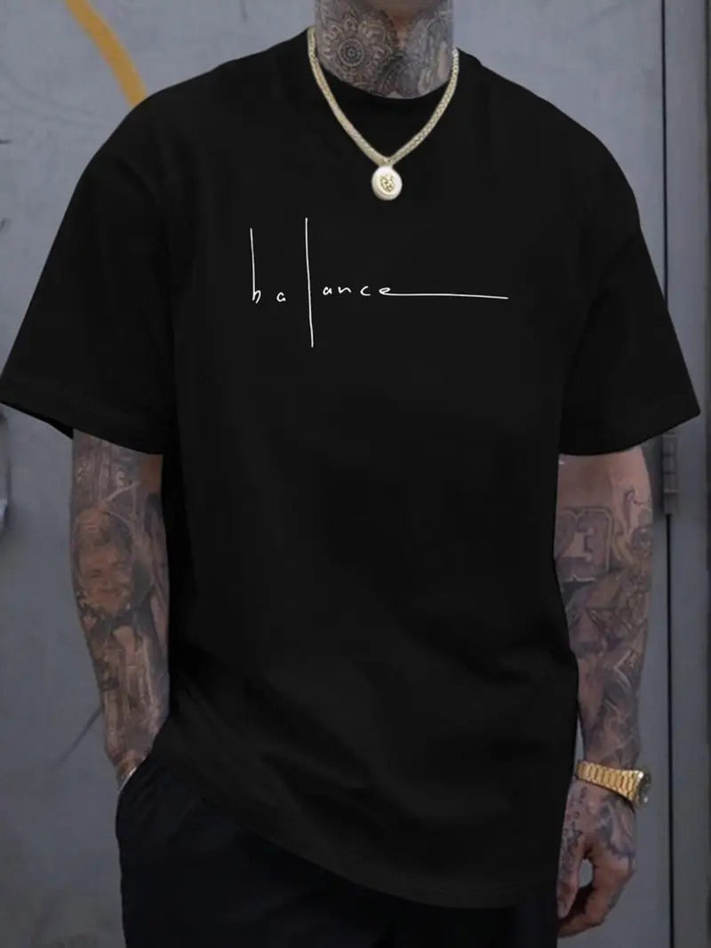 Men's Cotton T-Shirt with Balance Line Art & Minimalist Cursive Lettering.