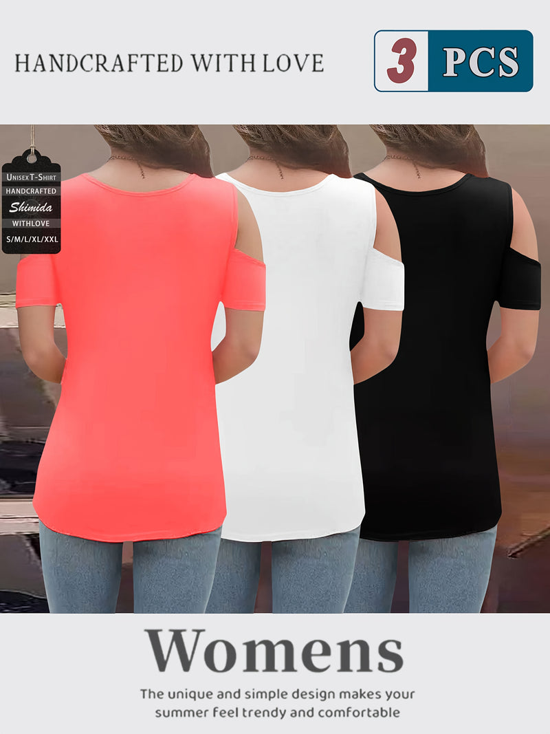 Three-Piece Summer Off-Shoulder Short-Sleeve T-Shirt for Women.