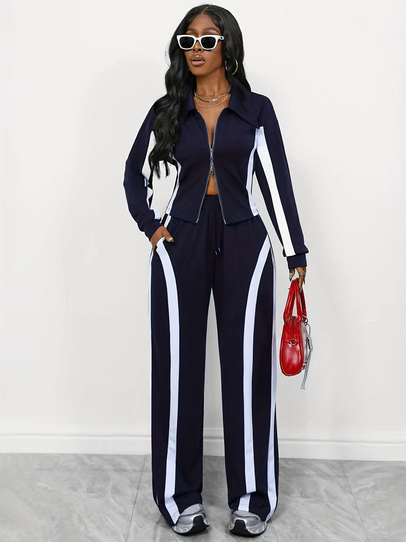 Women's Autumn-Winter Zippered Long Sleeve Jacket and Slim-Fit Pants.