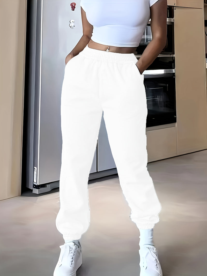 High-Waisted Elastic Jogger Pants for Women - 100% Polyester Casual Style.