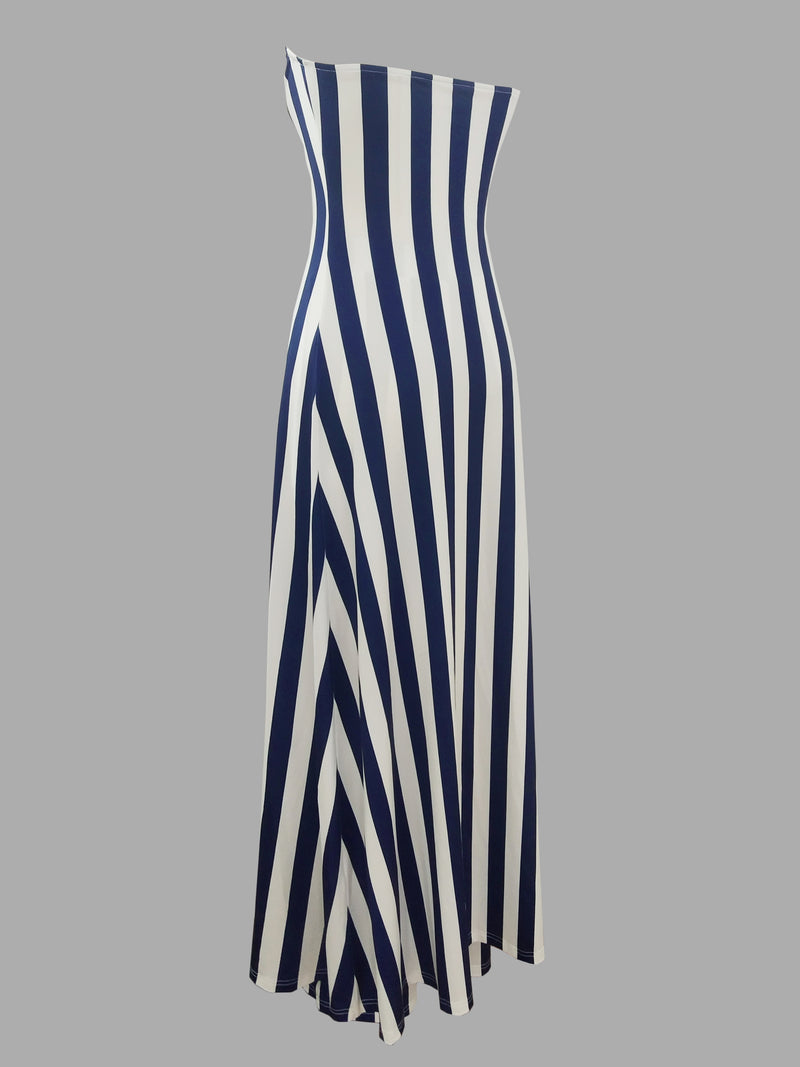 Women's Off-Shoulder Pantsuit with Side Pockets, Featuring Striped Prints.