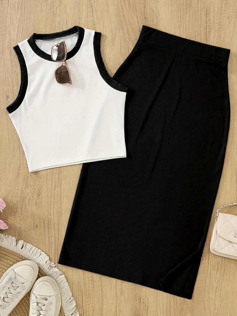 Women's Sleeveless Waistcoat and Split Skirt Set.