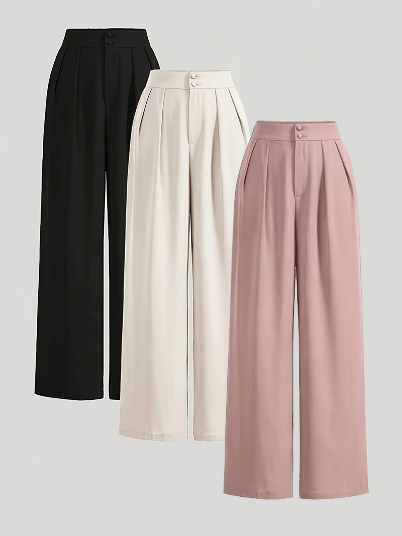 Women’s 3pcs Set Wide-Leg Pants, High-Waist with Double Buttons.