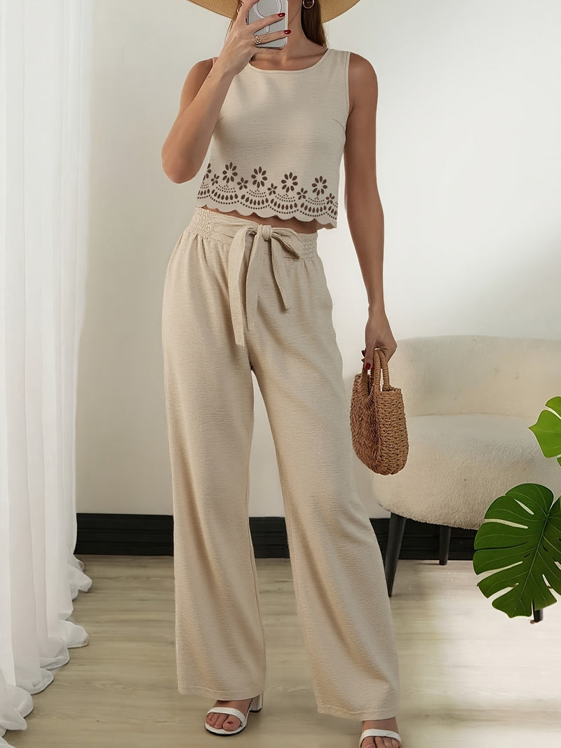 Women's Casual Pants 2pcs Set, Round Neck Sleeveless Floral Crop Top.