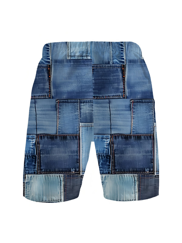 Men's Denim Blue Patchwork Shorts, Perfect for Casual Daily Wear and Street Style.