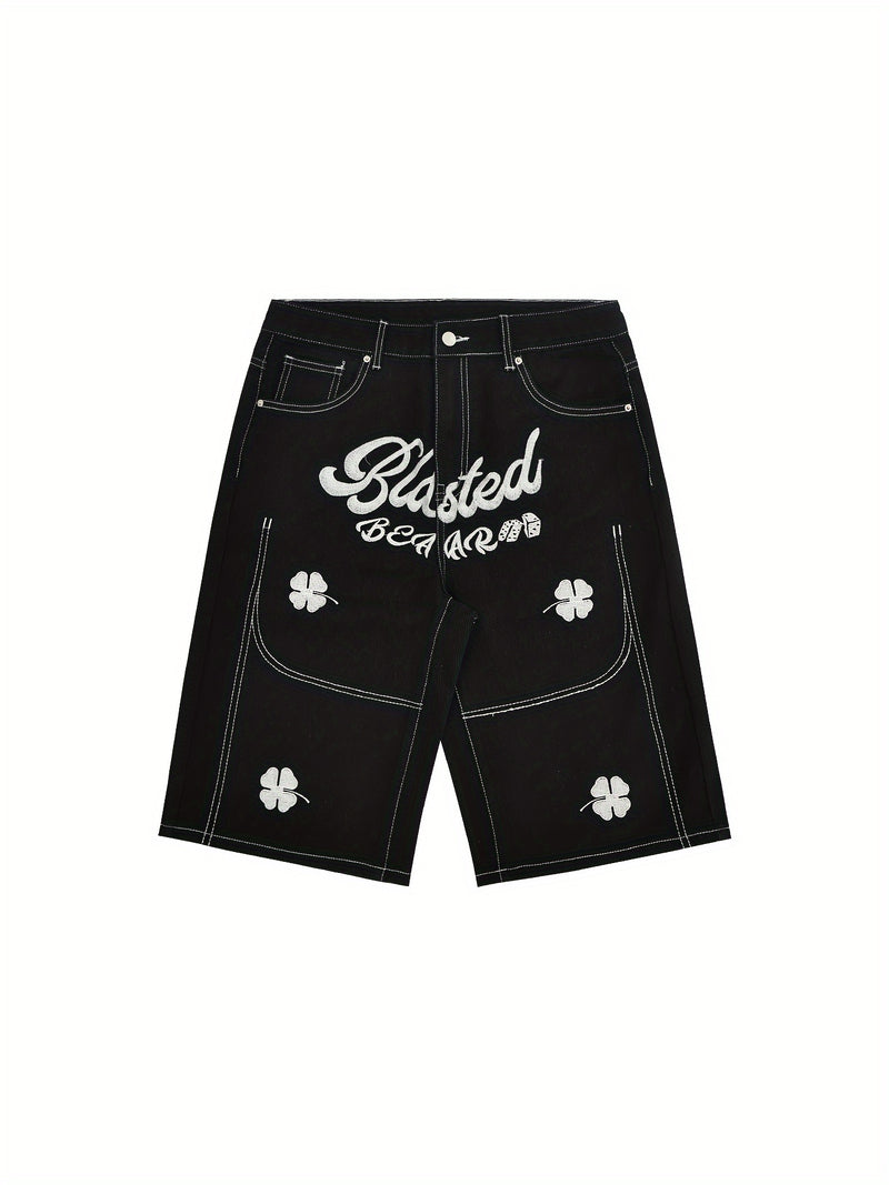 Embroidered Casual Mid-length Pants, Letter Embroidered Denim Shorts.